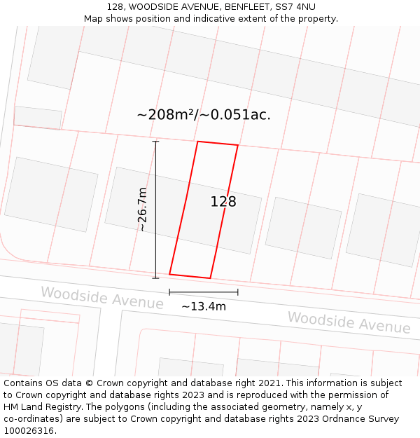 128, WOODSIDE AVENUE, BENFLEET, SS7 4NU: Plot and title map