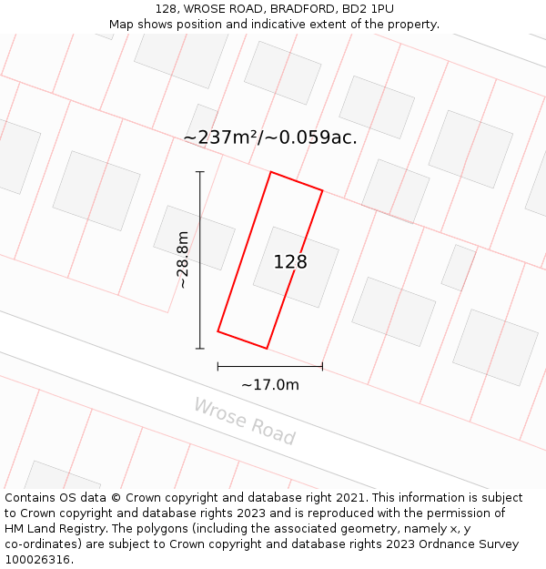 128, WROSE ROAD, BRADFORD, BD2 1PU: Plot and title map