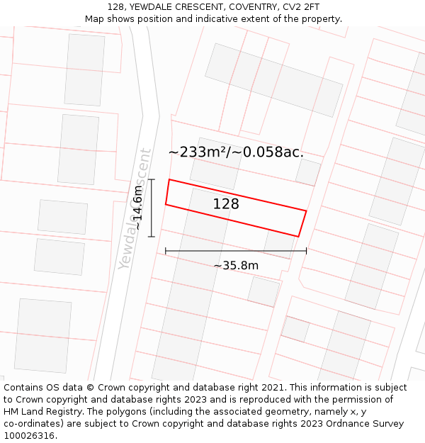 128, YEWDALE CRESCENT, COVENTRY, CV2 2FT: Plot and title map