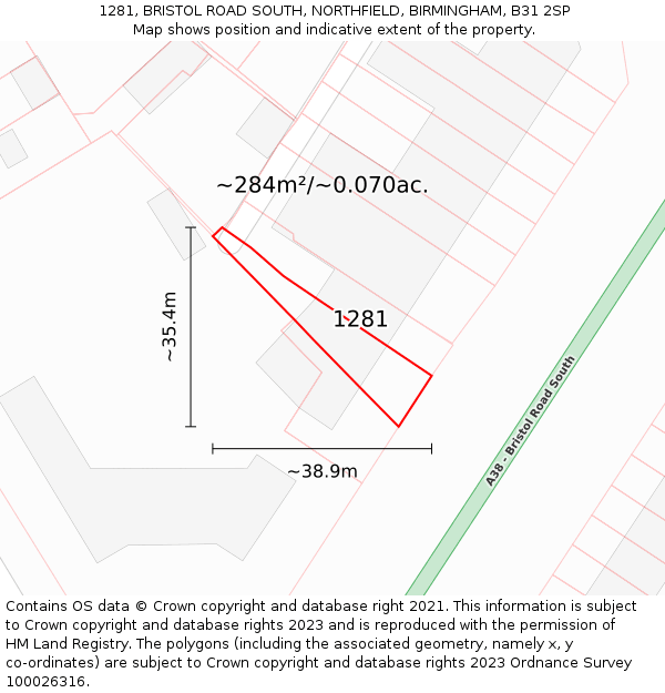 1281, BRISTOL ROAD SOUTH, NORTHFIELD, BIRMINGHAM, B31 2SP: Plot and title map