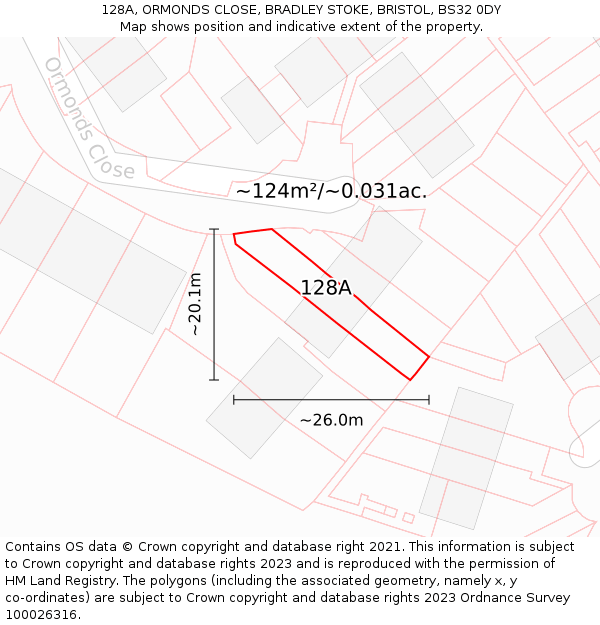 128A, ORMONDS CLOSE, BRADLEY STOKE, BRISTOL, BS32 0DY: Plot and title map