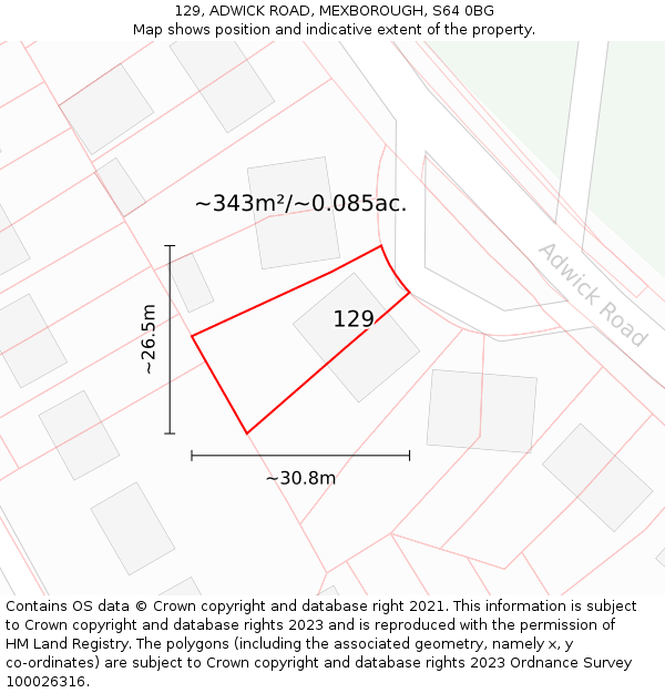 129, ADWICK ROAD, MEXBOROUGH, S64 0BG: Plot and title map