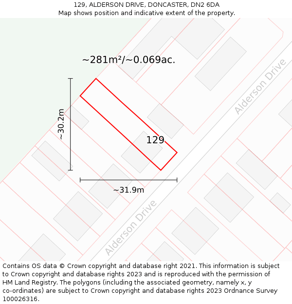 129, ALDERSON DRIVE, DONCASTER, DN2 6DA: Plot and title map