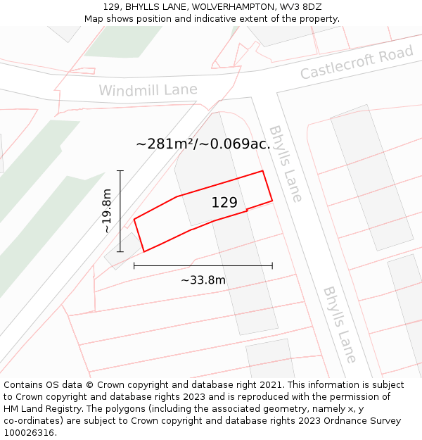 129, BHYLLS LANE, WOLVERHAMPTON, WV3 8DZ: Plot and title map