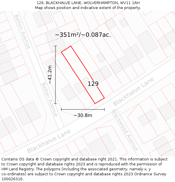 129, BLACKHALVE LANE, WOLVERHAMPTON, WV11 1AH: Plot and title map
