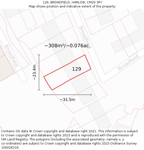 129, BROADFIELD, HARLOW, CM20 3PY: Plot and title map