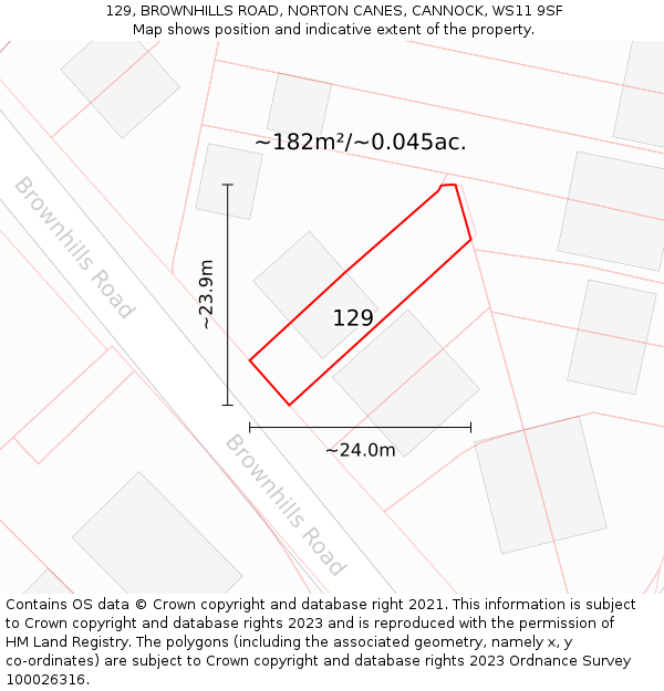 129, BROWNHILLS ROAD, NORTON CANES, CANNOCK, WS11 9SF: Plot and title map