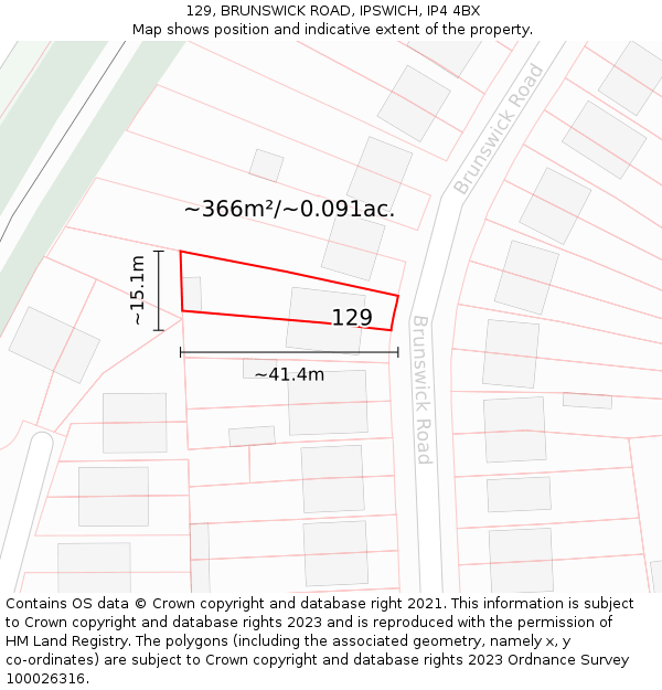 129, BRUNSWICK ROAD, IPSWICH, IP4 4BX: Plot and title map