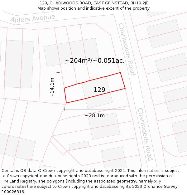 129, CHARLWOODS ROAD, EAST GRINSTEAD, RH19 2JE: Plot and title map