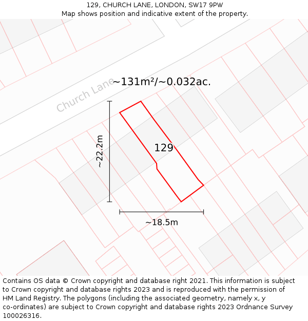 129, CHURCH LANE, LONDON, SW17 9PW: Plot and title map