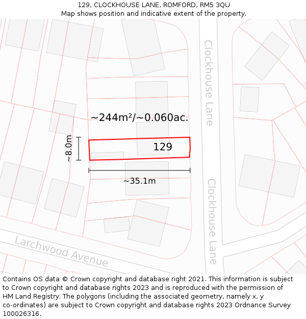 129, CLOCKHOUSE LANE, ROMFORD, RM5 3QU: Plot and title map