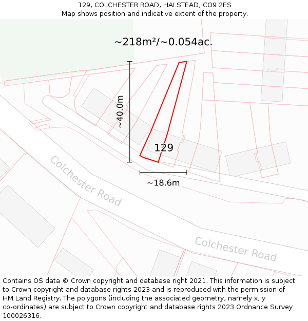 129, COLCHESTER ROAD, HALSTEAD, CO9 2ES: Plot and title map