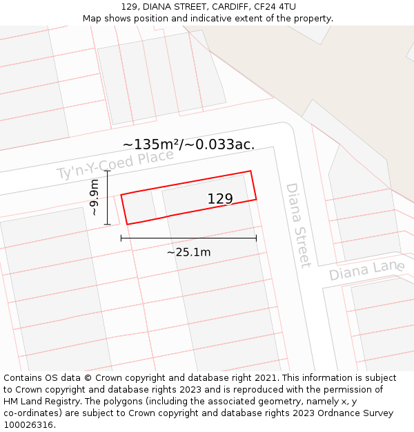 129, DIANA STREET, CARDIFF, CF24 4TU: Plot and title map