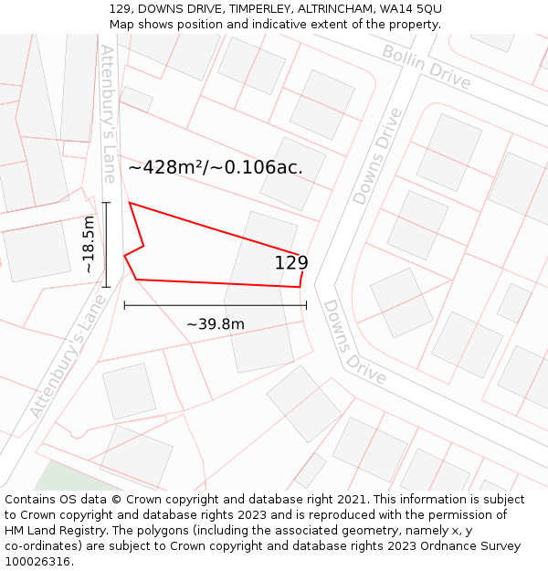 129, DOWNS DRIVE, TIMPERLEY, ALTRINCHAM, WA14 5QU: Plot and title map