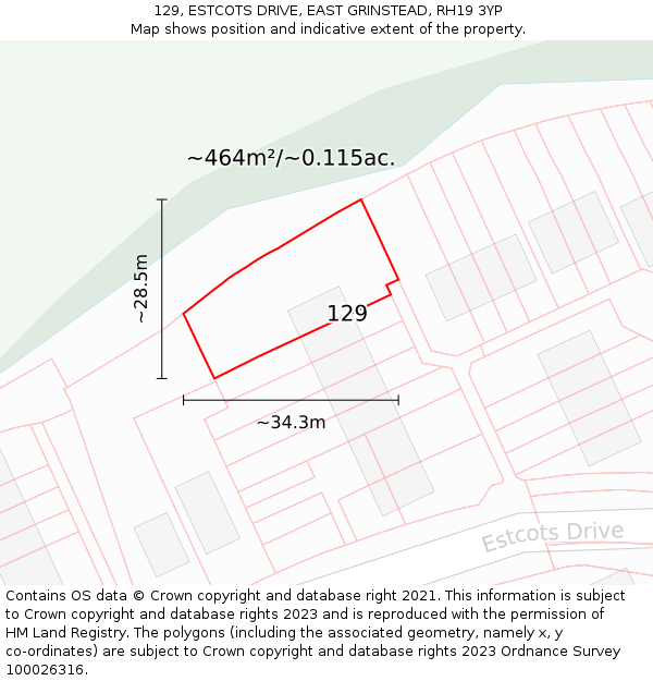 129, ESTCOTS DRIVE, EAST GRINSTEAD, RH19 3YP: Plot and title map