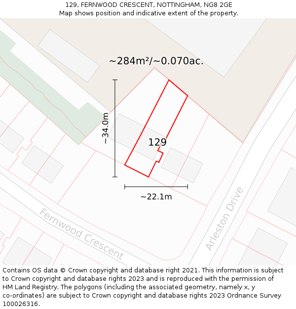 129, FERNWOOD CRESCENT, NOTTINGHAM, NG8 2GE: Plot and title map
