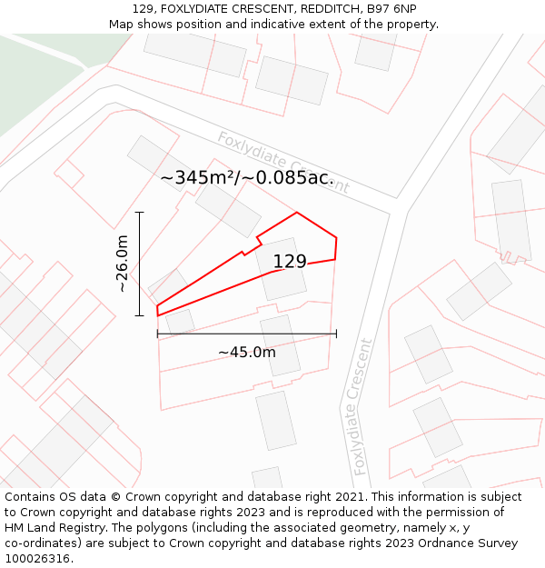 129, FOXLYDIATE CRESCENT, REDDITCH, B97 6NP: Plot and title map