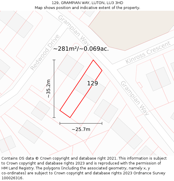 129, GRAMPIAN WAY, LUTON, LU3 3HD: Plot and title map