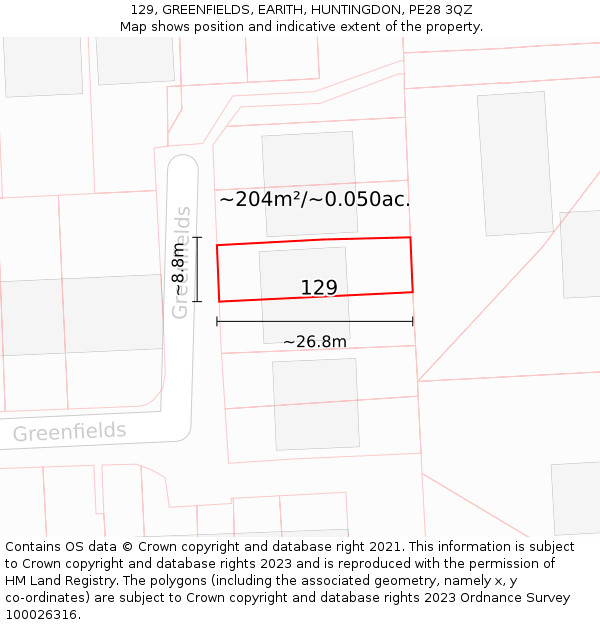 129, GREENFIELDS, EARITH, HUNTINGDON, PE28 3QZ: Plot and title map