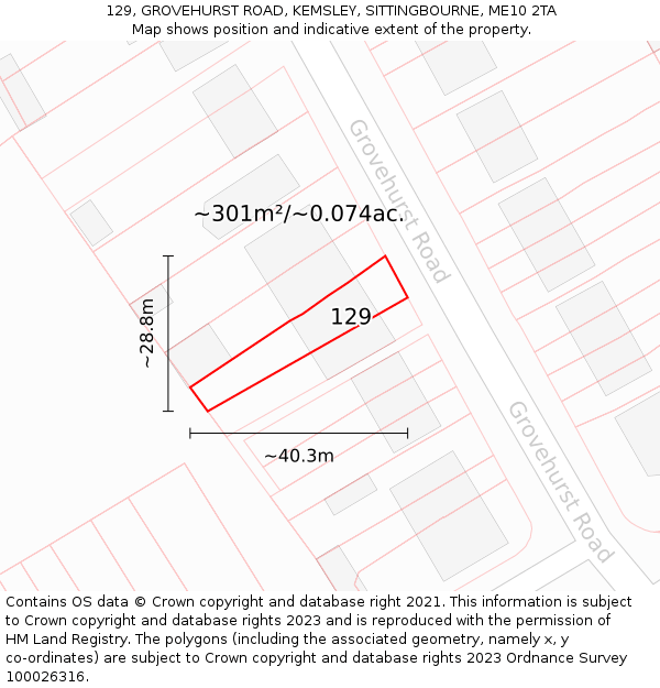 129, GROVEHURST ROAD, KEMSLEY, SITTINGBOURNE, ME10 2TA: Plot and title map