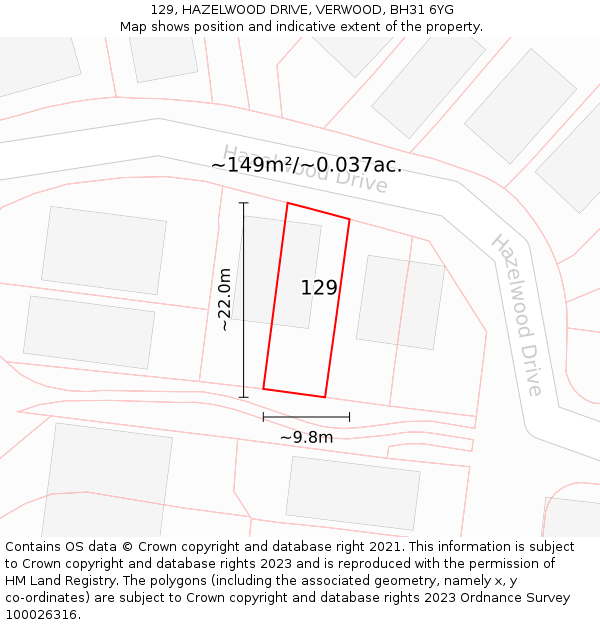 129, HAZELWOOD DRIVE, VERWOOD, BH31 6YG: Plot and title map