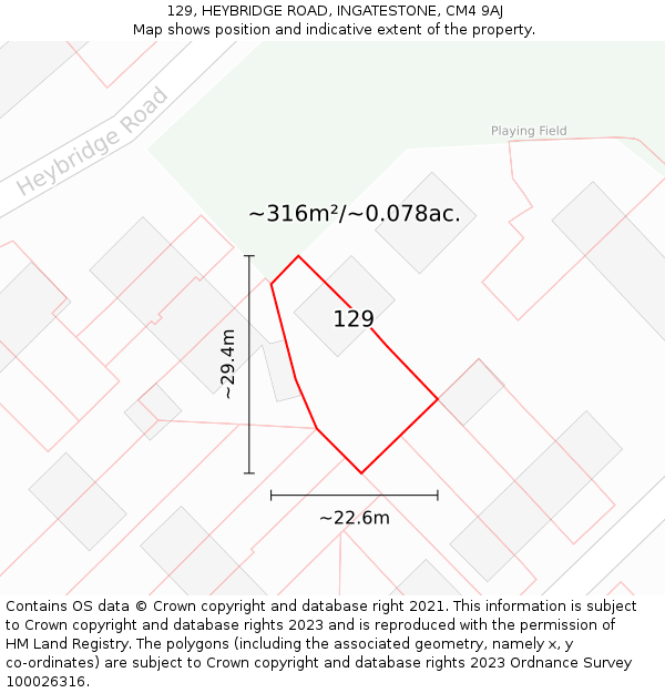 129, HEYBRIDGE ROAD, INGATESTONE, CM4 9AJ: Plot and title map