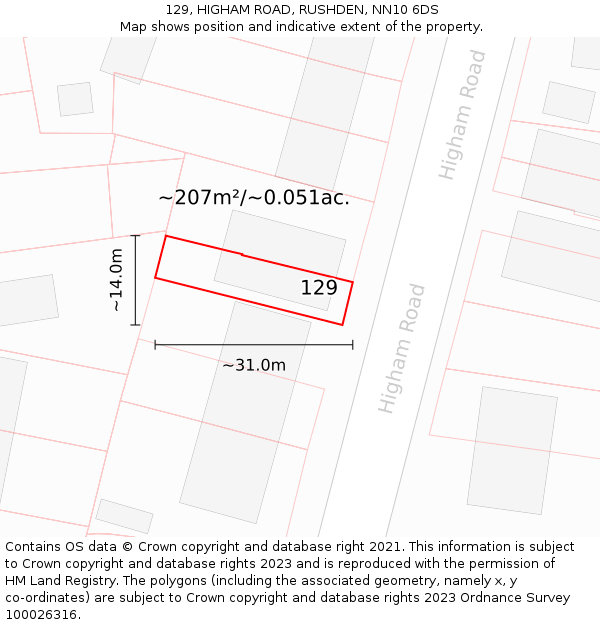 129, HIGHAM ROAD, RUSHDEN, NN10 6DS: Plot and title map