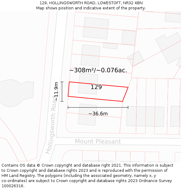 129, HOLLINGSWORTH ROAD, LOWESTOFT, NR32 4BN: Plot and title map