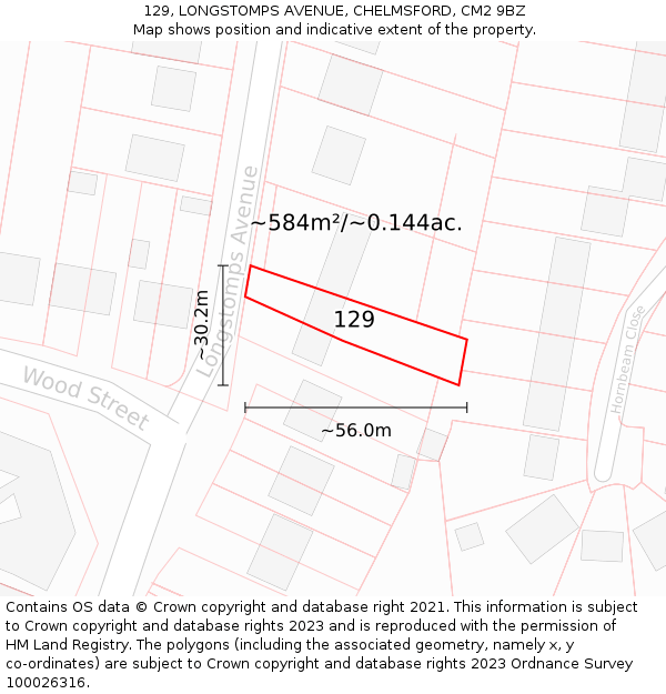 129, LONGSTOMPS AVENUE, CHELMSFORD, CM2 9BZ: Plot and title map