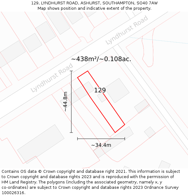 129, LYNDHURST ROAD, ASHURST, SOUTHAMPTON, SO40 7AW: Plot and title map