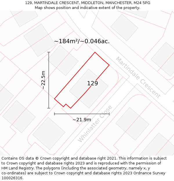 129, MARTINDALE CRESCENT, MIDDLETON, MANCHESTER, M24 5PG: Plot and title map