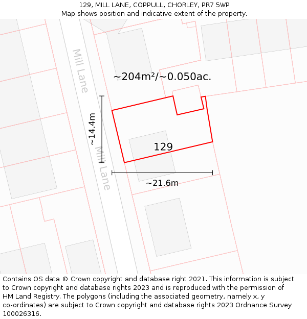 129, MILL LANE, COPPULL, CHORLEY, PR7 5WP: Plot and title map
