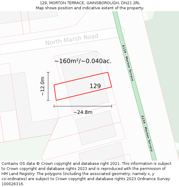 129, MORTON TERRACE, GAINSBOROUGH, DN21 2RL: Plot and title map