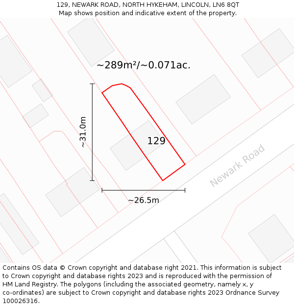 129, NEWARK ROAD, NORTH HYKEHAM, LINCOLN, LN6 8QT: Plot and title map