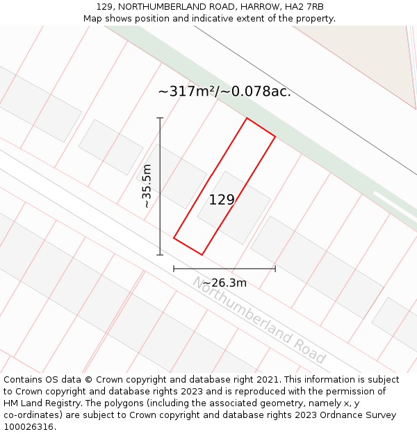 129, NORTHUMBERLAND ROAD, HARROW, HA2 7RB: Plot and title map