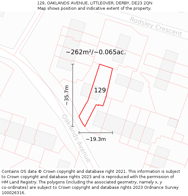 129, OAKLANDS AVENUE, LITTLEOVER, DERBY, DE23 2QN: Plot and title map