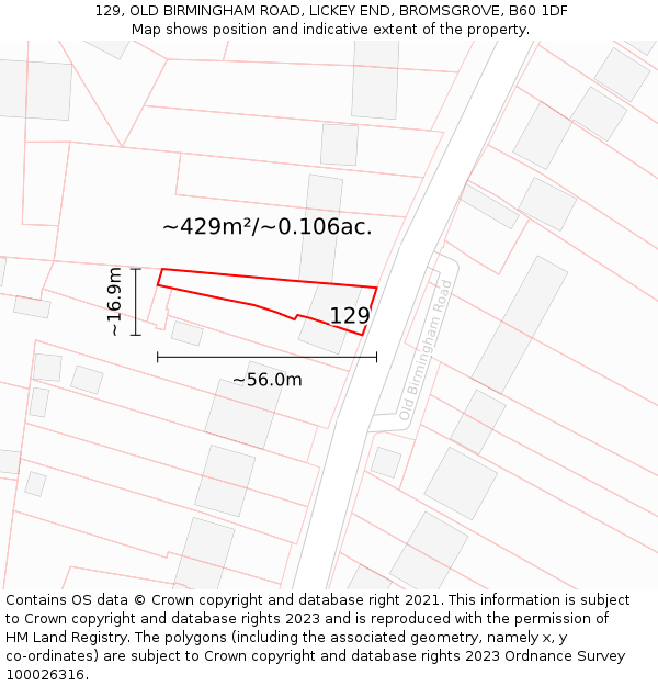 129, OLD BIRMINGHAM ROAD, LICKEY END, BROMSGROVE, B60 1DF: Plot and title map