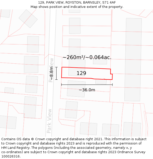 129, PARK VIEW, ROYSTON, BARNSLEY, S71 4AF: Plot and title map