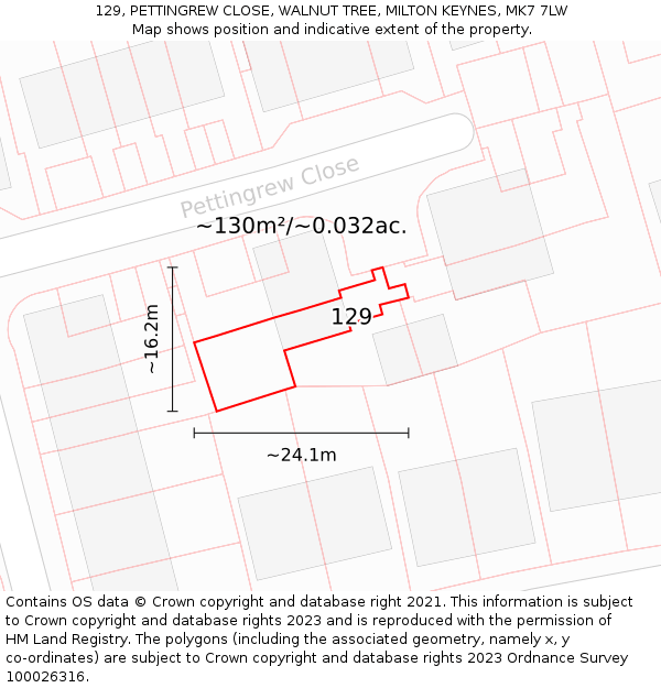 129, PETTINGREW CLOSE, WALNUT TREE, MILTON KEYNES, MK7 7LW: Plot and title map