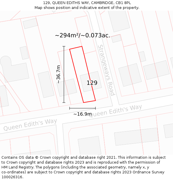129, QUEEN EDITHS WAY, CAMBRIDGE, CB1 8PL: Plot and title map