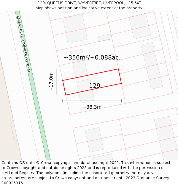129, QUEENS DRIVE, WAVERTREE, LIVERPOOL, L15 6XT: Plot and title map