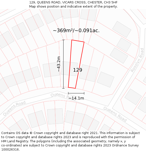 129, QUEENS ROAD, VICARS CROSS, CHESTER, CH3 5HF: Plot and title map