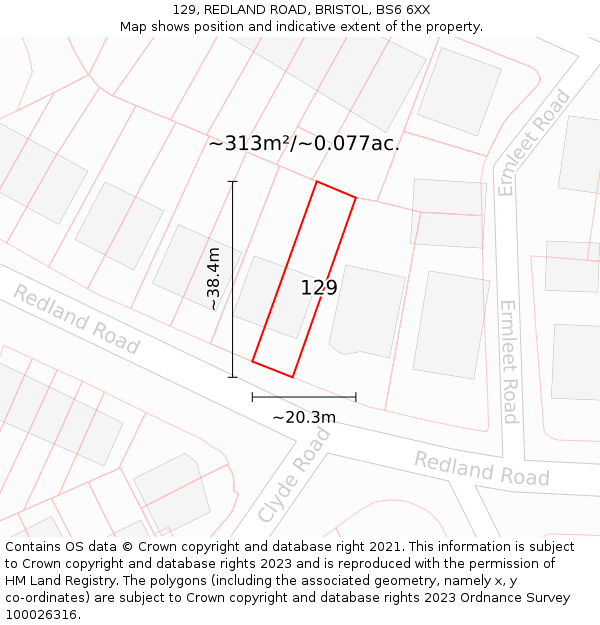 129, REDLAND ROAD, BRISTOL, BS6 6XX: Plot and title map