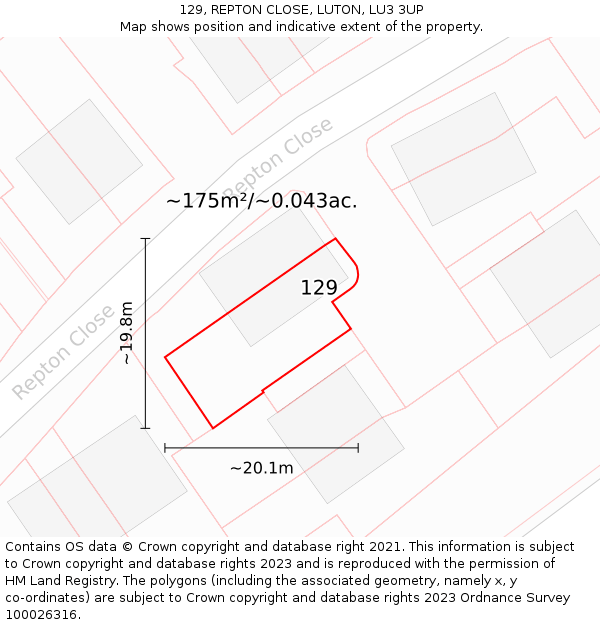 129, REPTON CLOSE, LUTON, LU3 3UP: Plot and title map