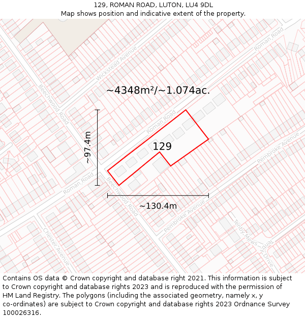 129, ROMAN ROAD, LUTON, LU4 9DL: Plot and title map