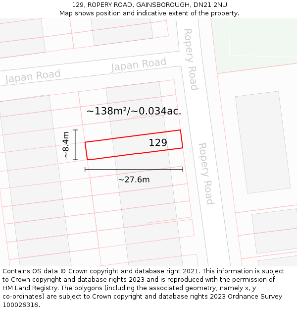 129, ROPERY ROAD, GAINSBOROUGH, DN21 2NU: Plot and title map