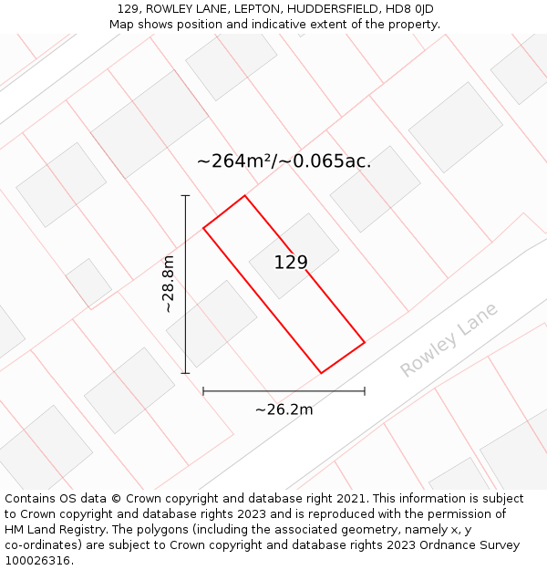 129, ROWLEY LANE, LEPTON, HUDDERSFIELD, HD8 0JD: Plot and title map