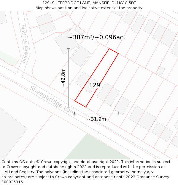 129, SHEEPBRIDGE LANE, MANSFIELD, NG18 5DT: Plot and title map