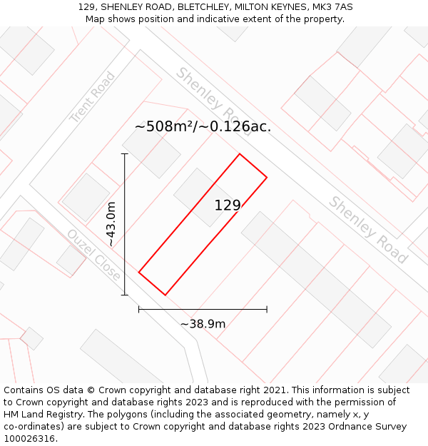 129, SHENLEY ROAD, BLETCHLEY, MILTON KEYNES, MK3 7AS: Plot and title map