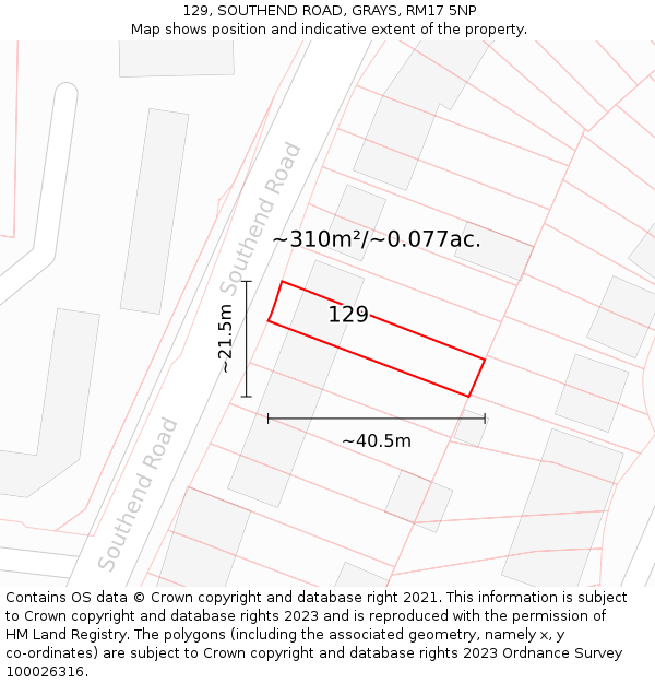 129, SOUTHEND ROAD, GRAYS, RM17 5NP: Plot and title map
